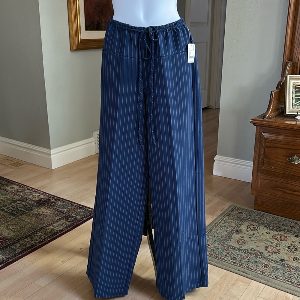 Free People size XS Draw String Pin Strip Pants in Navy/Blue.